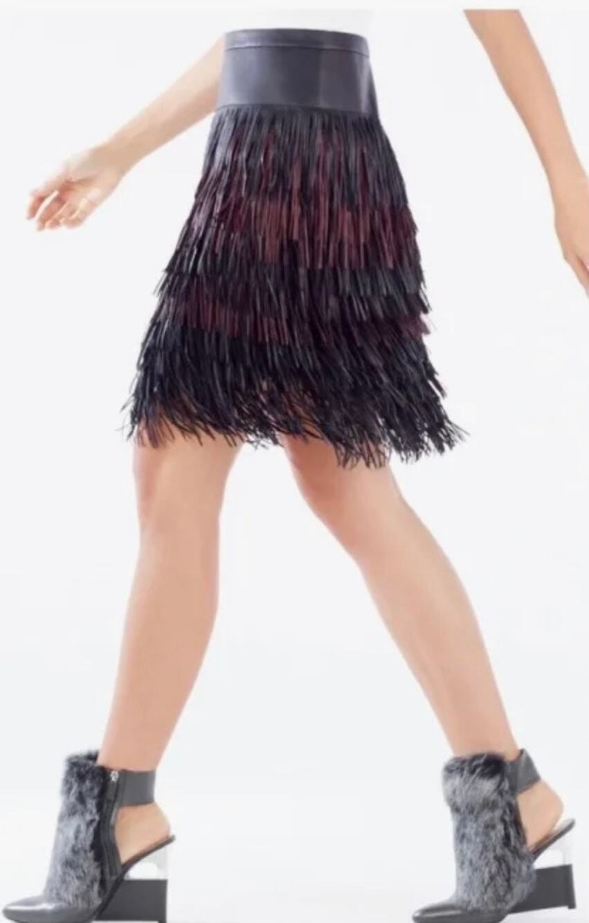 BCBGMAXAZRIA Runway Faux Leather Fringe Leva Skirt Size 10 Black/Burgundy